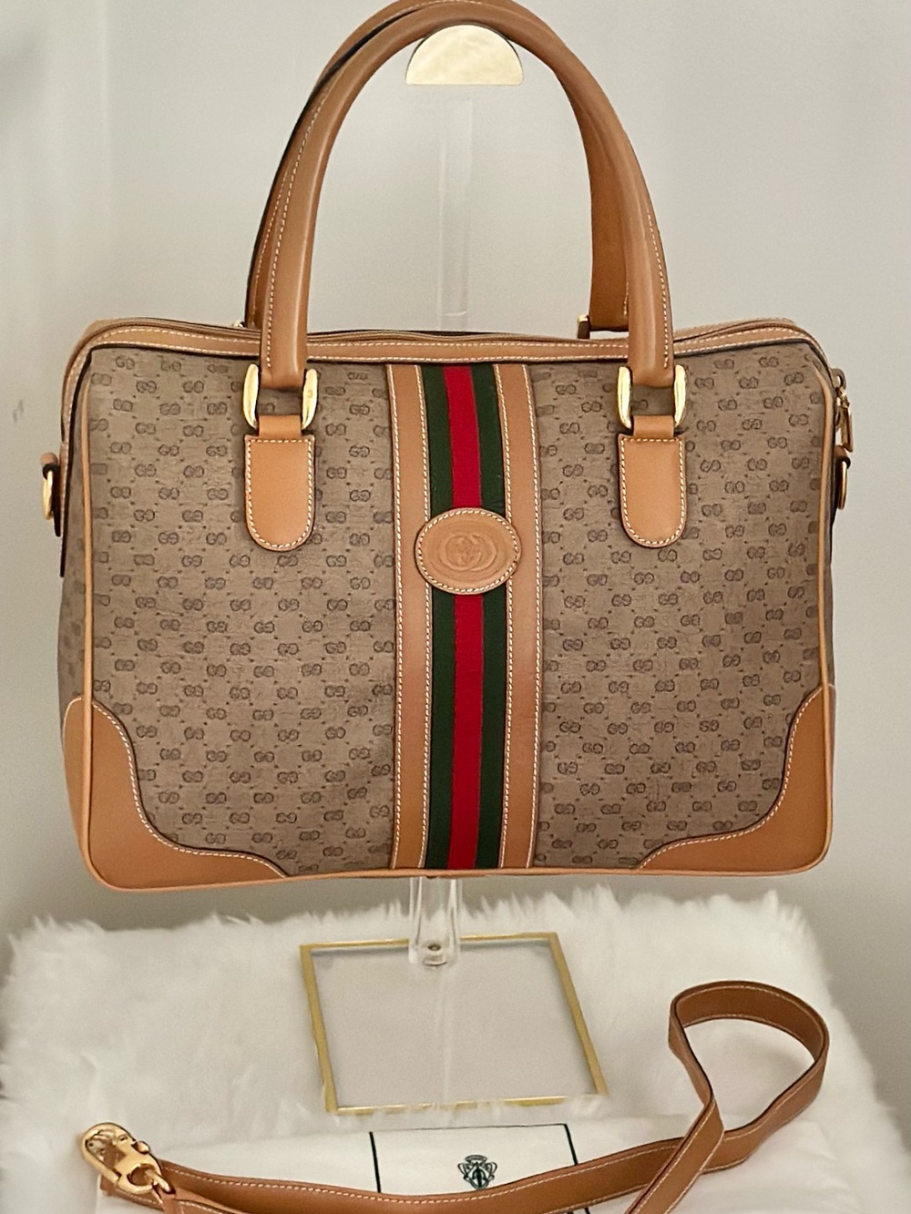 Gucci Tan GG Supreme 2-Way Satchel Boston Bag w/Green-Red Web Stripe Vintage